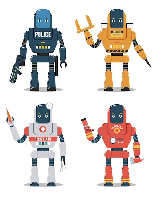 Conjunto de caracteres do robô. robô policial, robô de construção, robô médico, robo de bombeiro