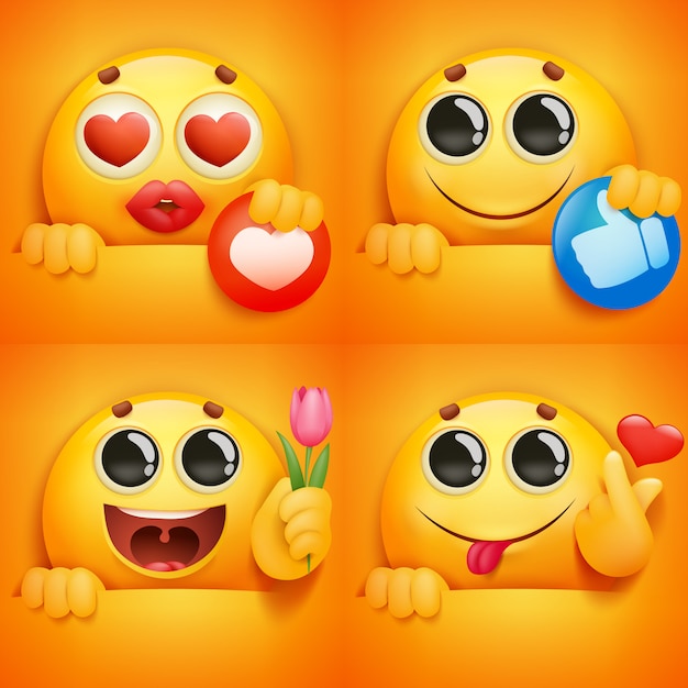 Vetor conjunto de caracteres emoji carinha amarelo em várias emoções e situações