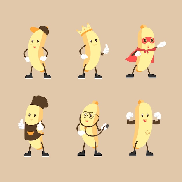 Conjunto de caracteres fofos de banana em expressões múltiplas