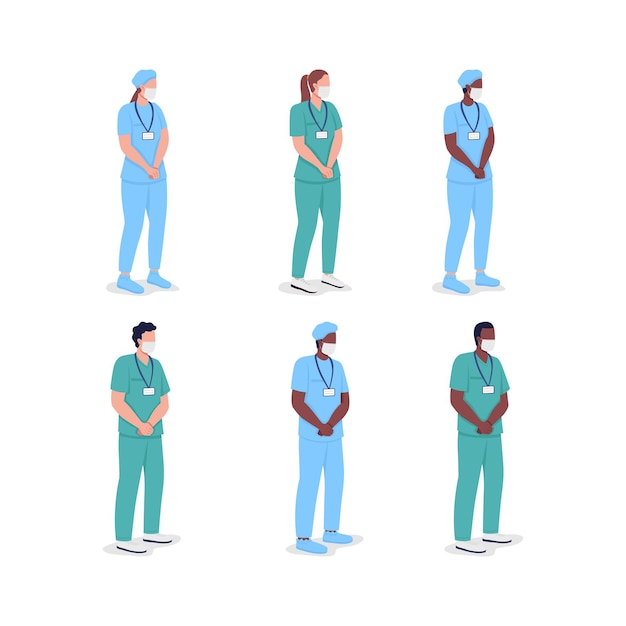 Conjunto de caracteres sem rosto do vetor de médicos multiculturais de cor plana. médicos profissionais. enfermeiras e enfermeiras isolaram a ilustração dos desenhos animados para o design gráfico da web e coleção de animação