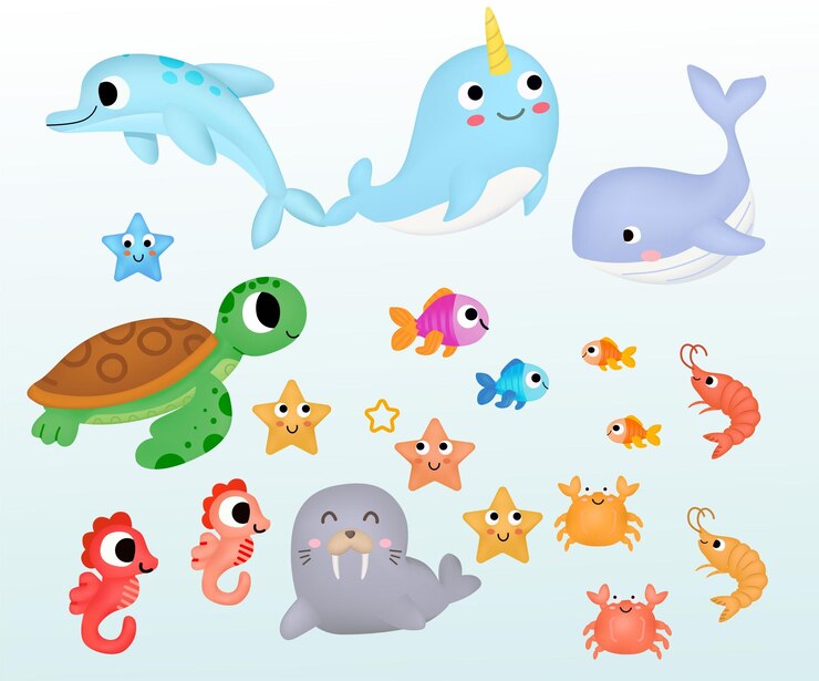 Vetor conjunto de caracteres subaquáticos do mar fofo para bebê, criança, decoração infantil