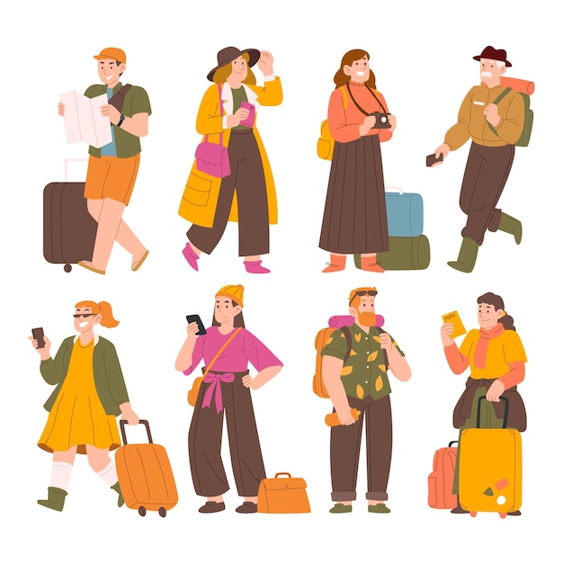 Vetor conjunto de caracteres turísticos. família jovem casal, turistas viajando com mochilas e malas, bagagem