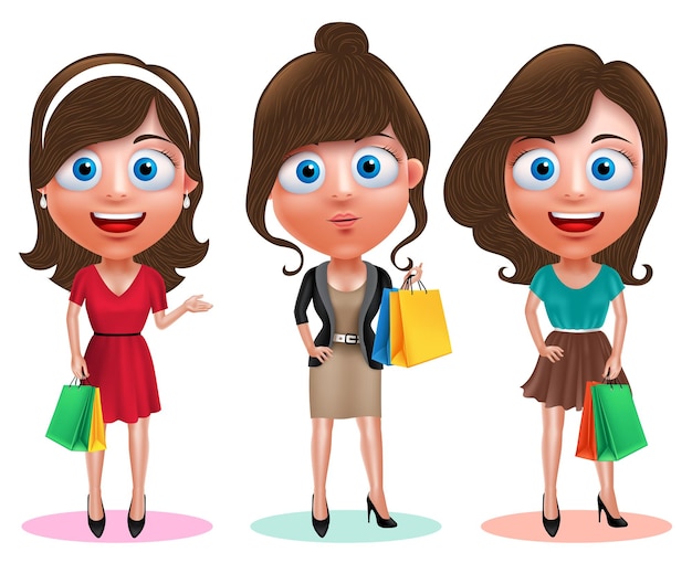 Conjunto de caracteres vetoriais de compras de mulher fêmea feliz segurando sacolas de compras