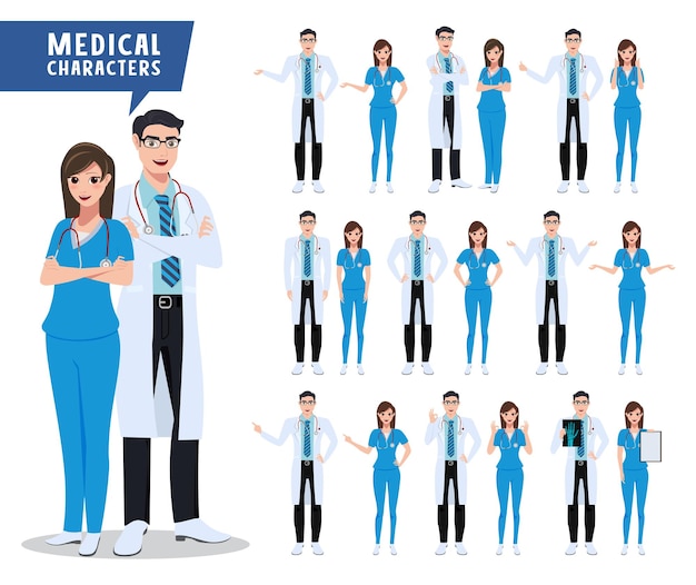 Conjunto de caracteres vetoriais de médico e enfermeiro personagens médicos e de saúde com várias poses