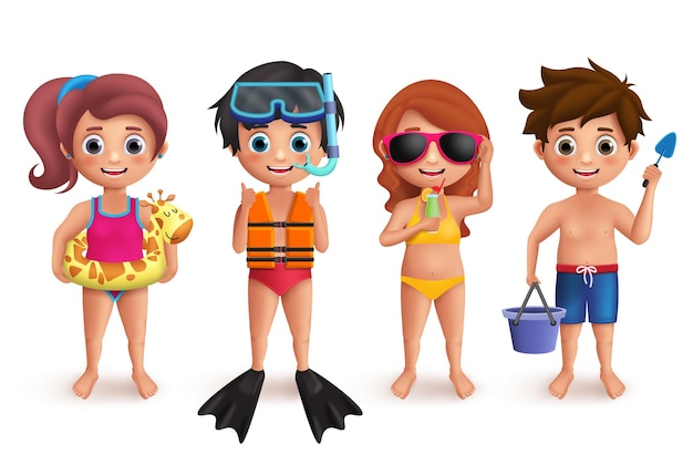 Conjunto de caracteres vetoriais para crianças de verão meninos e meninas brincando na praia fazendo atividades ao ar livre