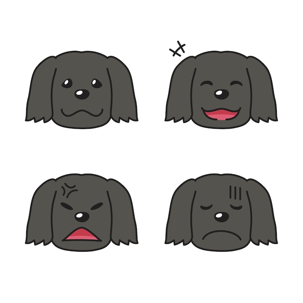 Conjunto de caras de cachorro preto mostrando emoções diferentes