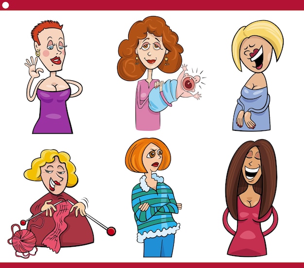 Vetor conjunto de caricatura de personagens de mulheres de desenho animado engraçado