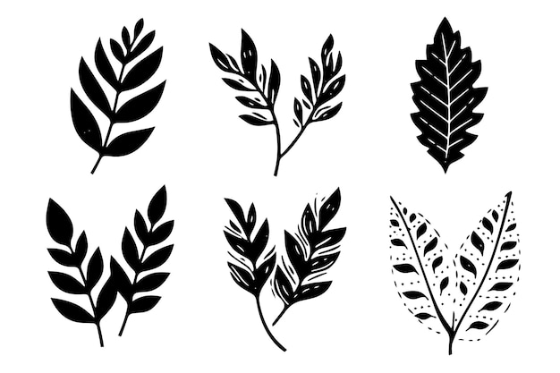 Conjunto de carimbo vetorial de corte de linóleo, folhas pretas e impressões de galhos elementos florais desenhados à mão