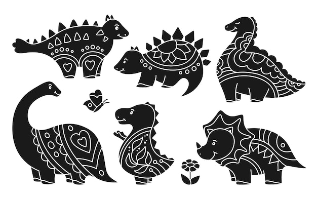Conjunto de carimbos de rabiscos infantis de dinossauros, coleção de estêncil de répteis, impressão de personagens dino, vetor engraçado