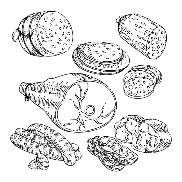 Conjunto de carne de salsichas esboçar vetor desenhado à mão