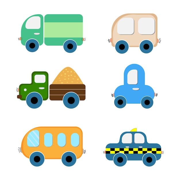 Conjunto de carros de desenho animado para crianças ilustração vetorial de transporte de carros transporte