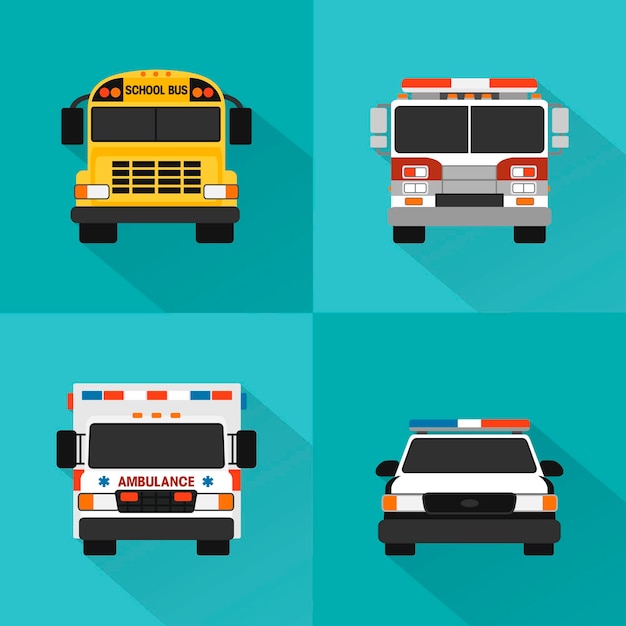 Vetor conjunto de carros de serviço de conceito plano vetor de ônibus escolar de caminhão de bombeiros de ambulância da polícia