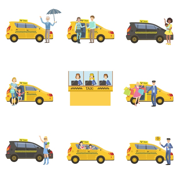 Conjunto de carros, motoristas e clientes de táxi