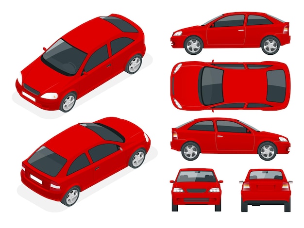 Vetor conjunto de carros sedan. carro isolado, modelo para marca de carro e publicidade. frente, traseira, lateral, superior e isometria frente e verso altere a cor em um clique todos os elementos em grupos em camadas separadas