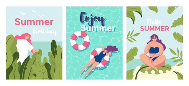 Conjunto de cartão com garota relaxante na praia e piscina com palm deixar. Modelo de design de cartaz ou folheto de férias de verão com mulher bonita. Convite para festa. Estilo moderno dos desenhos animados. ilustração