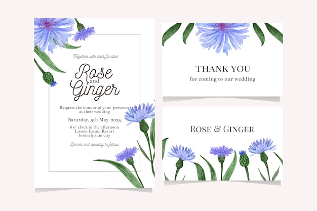 Vetor conjunto de cartão de casamento com aquarela de flor de milho azul