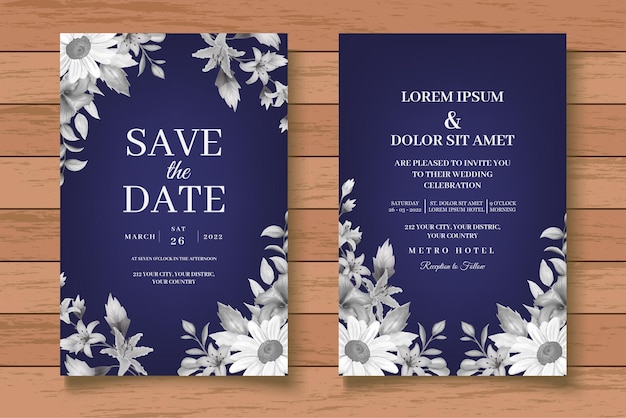 Conjunto de cartão de casamento floral em aquarela com flores escuras