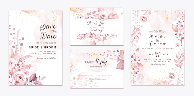 Conjunto de cartão de convite de casamento com lindas flores e folhas cremosas macias