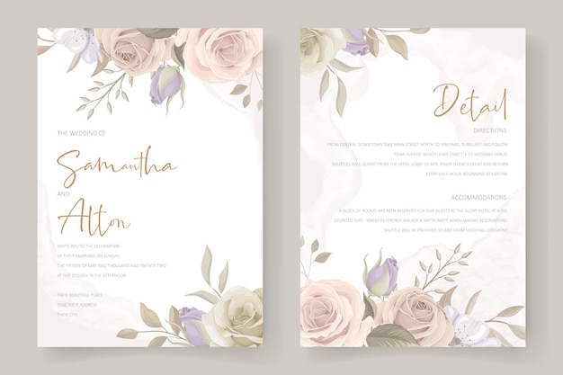 Conjunto de cartão de convite de casamento de lindas rosas desenhadas à mão