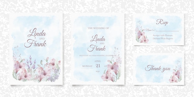 Conjunto de cartão de convite de casamento em aquarela pastel com flores elegantes. modelo de design de capa moderna. ilustração floral vintage primavera. fundo de quadro romântico. cartões de felicitações