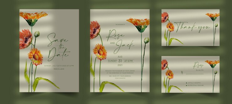 Conjunto de cartão de convite de casamento em aquarela