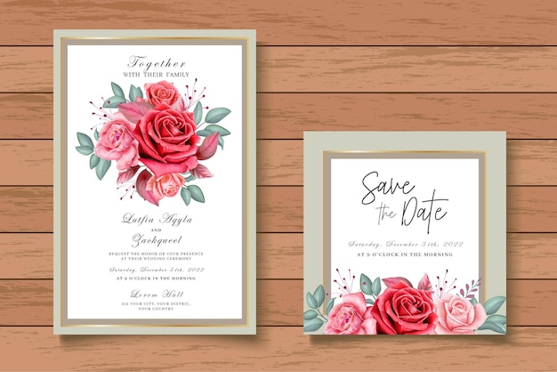 Conjunto de cartão de convite de casamento floral aquarela elegante