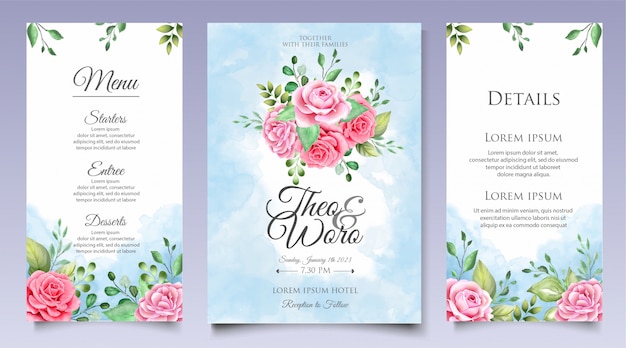 Conjunto de cartão de convite de casamento floral aquarela elegante