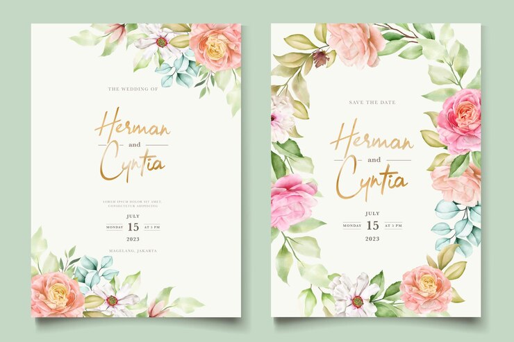 Vetor conjunto de cartão de convite de casamento floral desenhado à mão