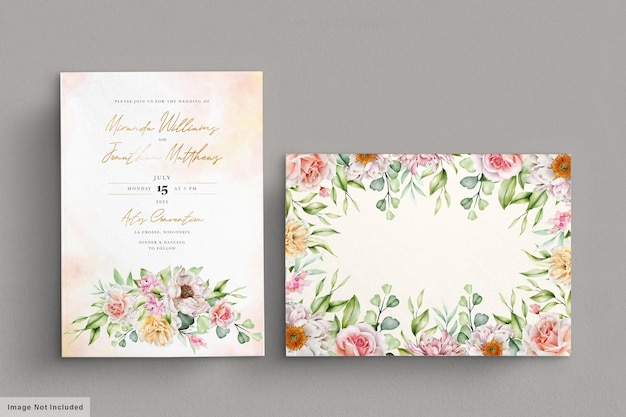 Conjunto de cartão de convite de peônias e rosas em aquarela