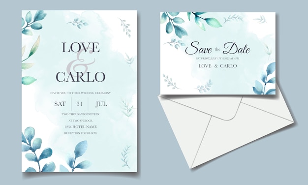 Conjunto de cartão de convite elegante folhas aquarela