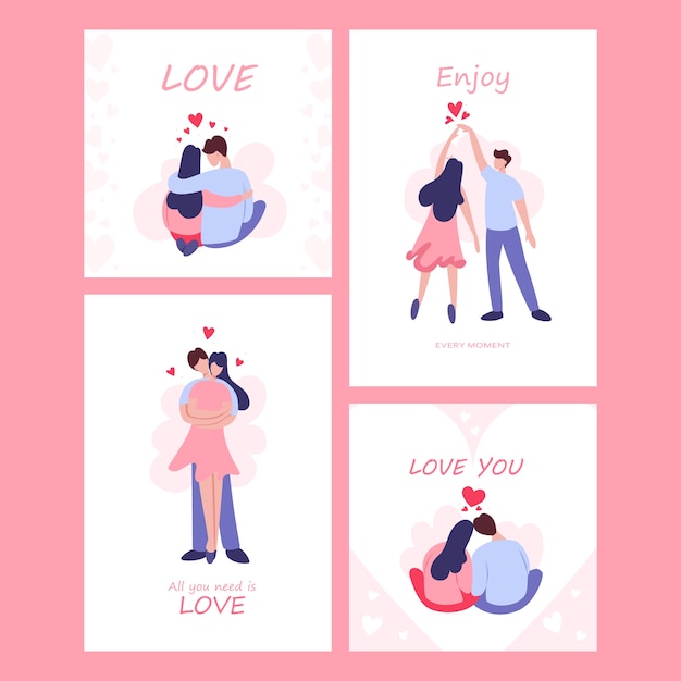 Conjunto de cartão de dia dos namorados. casal feliz no amor. amante comemora um encontro romântico. idéia de relacionamento e amor. homem e ai, sou beijo.
