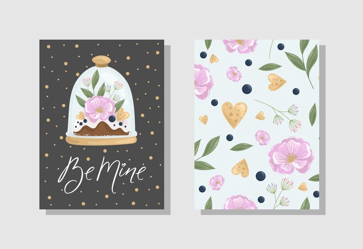 Vetor conjunto de cartão de dia dos namorados com flores, doces, ramos, elementos românticos e texto manuscrito