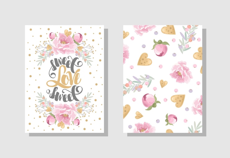 Vetor conjunto de cartão de dia dos namorados com flores, doces, ramos, elementos românticos e texto manuscrito