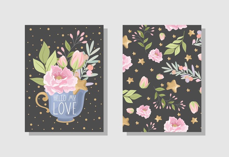 Vetor conjunto de cartão de dia dos namorados com flores, doces, ramos, elementos românticos e texto manuscrito