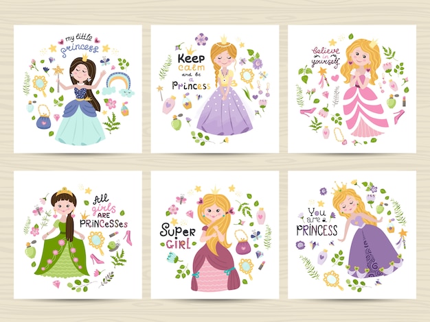 Conjunto de cartas com princesas fofos