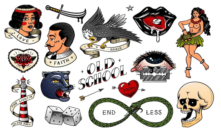 Vetor conjunto de cartas de jogo de personagens de tatuagem escolar vintage, mulher havaiana, lábios e remédio, farol, pantera, dados e cobra, gravado à mão, esboço, emblemas, impressão ou patches para camiseta