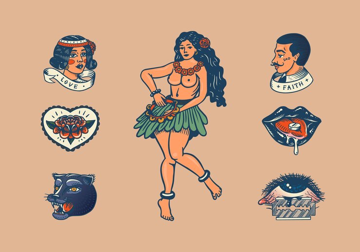 Vetor conjunto de cartas de jogo de personagens de tatuagem escolar vintage, mulher havaiana, lábios e remédio, farol, pantera, dados e cobra, gravado à mão, esboço, emblemas, impressão ou patches para camiseta