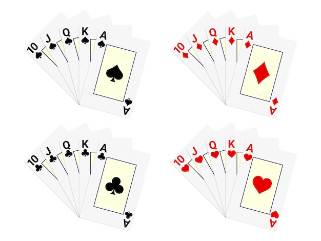 Vetor conjunto de cartas de jogo royal flush para pôquer e cassino.