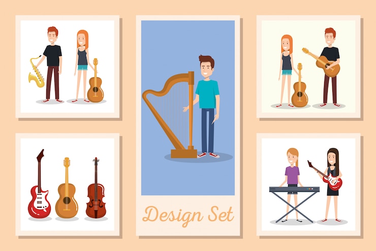Vetor conjunto de cartas de jovens com instrumentos musicais