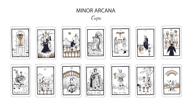 Conjunto de cartas de tarô de vetor de copos de arcanos menores