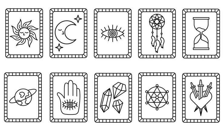 Vetor conjunto de cartas de tarô místicas cartas de tarô vintage esotéricas ocultas coleção de ícones de linha plana