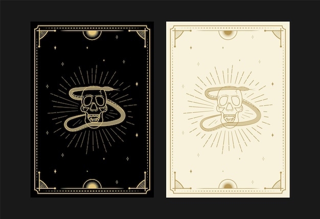 Vetor conjunto de cartas de tarô místicas símbolos alquímicos doodle gravura de estrelas, caveira, cobras e cristais