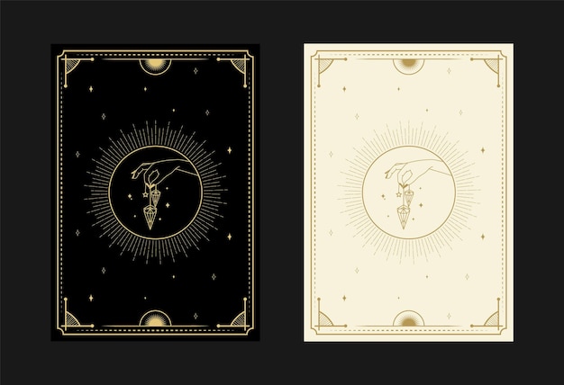 conjunto de cartas de tarô místicas Símbolos alquímicos Doodle gravura de estrelas, diamantes e cristais