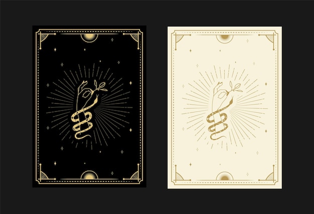 Vetor conjunto de cartas de tarô místicas símbolos alquímicos doodle gravura de estrelas, flores, cobras e cristais