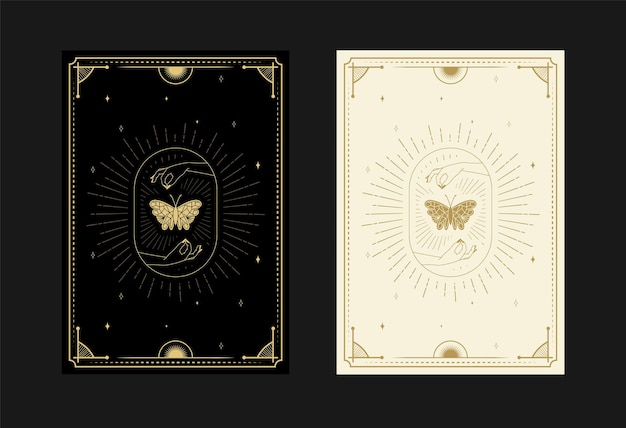 conjunto de cartas de tarô místicas Símbolos alquímicos Doodle gravura de estrelas, mariposa, borboletas, cristais