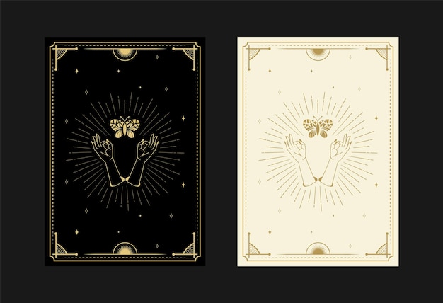 conjunto de cartas de tarô místicas Símbolos alquímicos Doodle gravura de estrelas, mariposa, borboletas, cristais