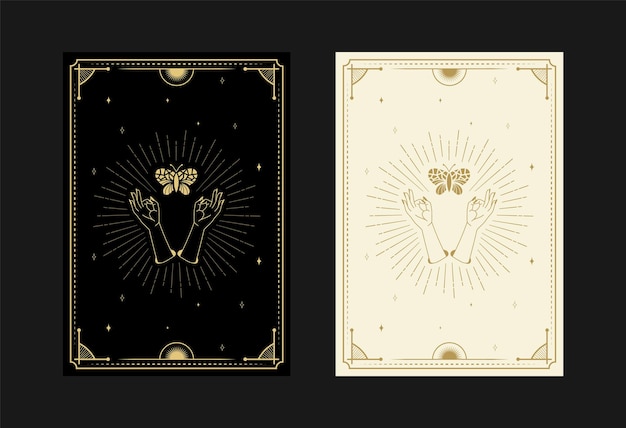 Vetor conjunto de cartas de tarô místicas símbolos alquímicos doodle gravura de estrelas, mariposa, borboletas, cristais