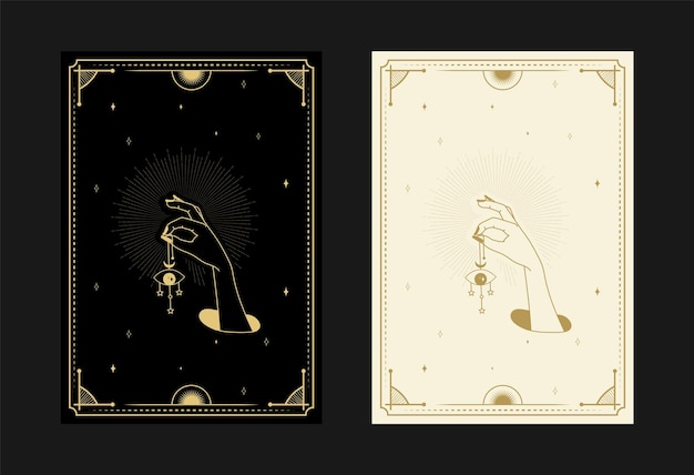 Conjunto de cartas de tarô místicas símbolos alquímicos doodle gravura de estrelas olho mágico e cristais