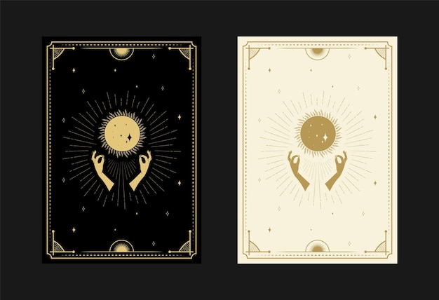 Vetor conjunto de cartas de tarô místicas símbolos alquímicos doodle gravura de estrelas, raios de lua e cristais