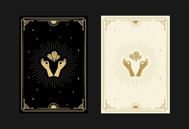 conjunto de cartas de tarô místicas Símbolos alquímicos Doodle gravura de estrelas raios e cristais de diamante